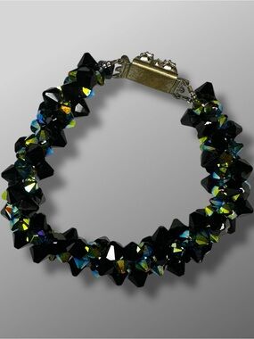 Handmade Jet Black AB Crystal Cluster Bracelet Multi Strand Box Clasp 10”